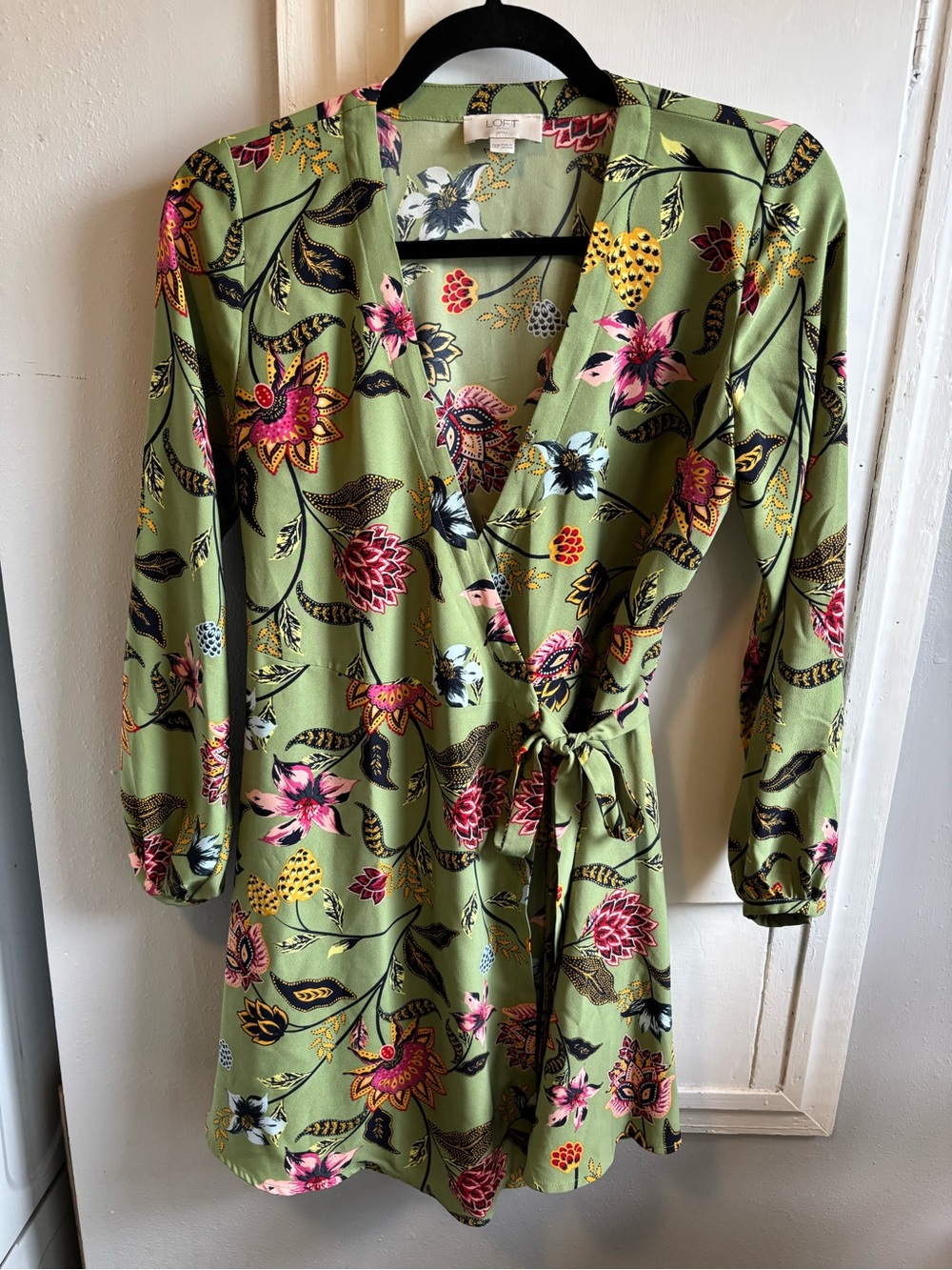 LOFT Olive Green Floral Wrap Dress with Tie Waist